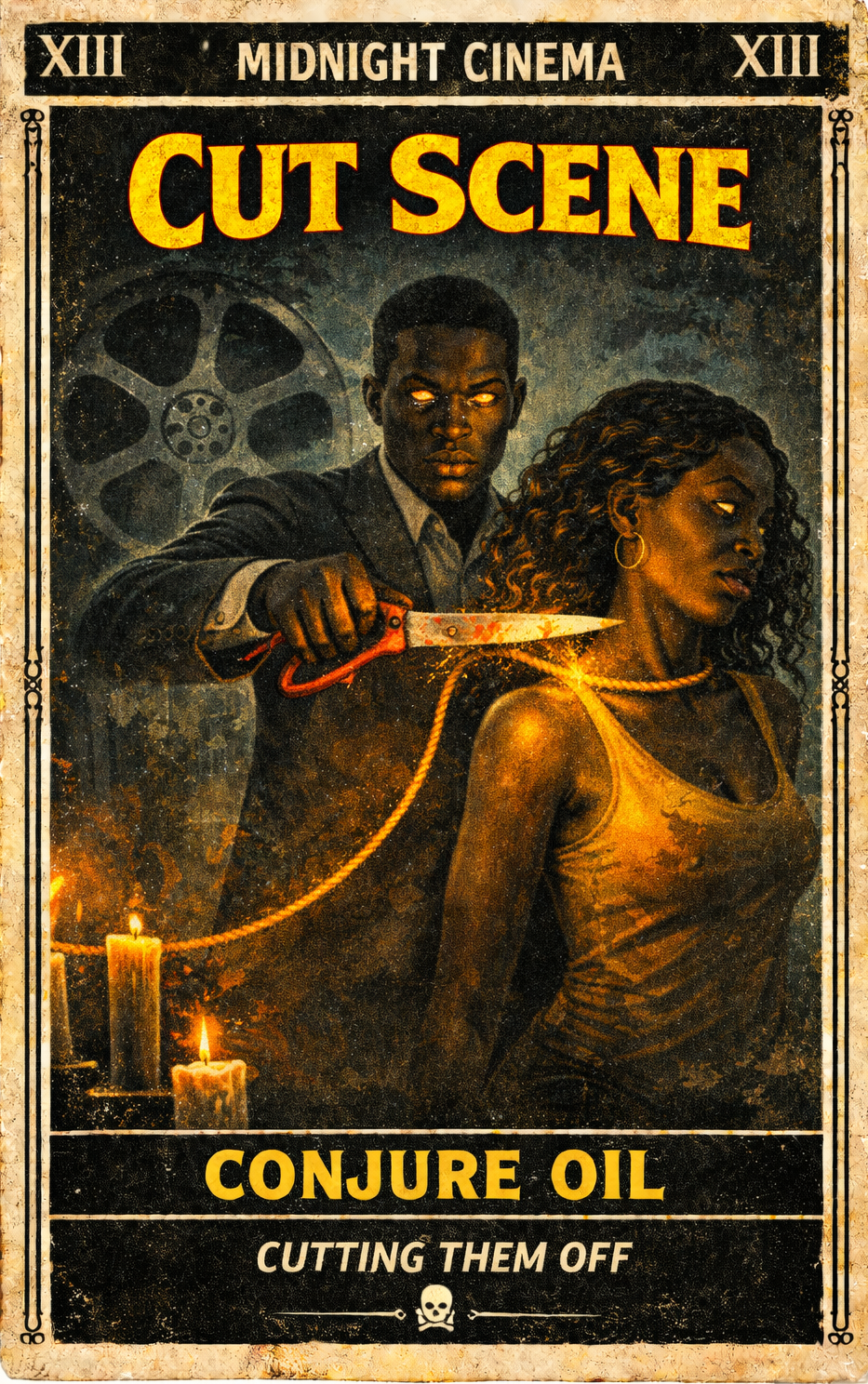 Vintage-style movie poster with a man and woman, a knife, and candles, labeled 'Cut Scene: Conjure Oil'.