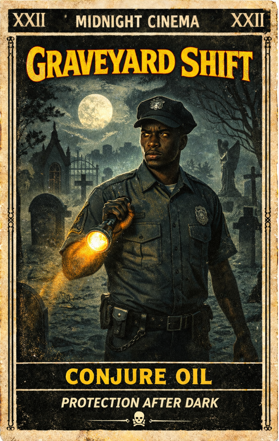 Poster of a police officer in a graveyard holding a lantern with text 'Graveyard Shift: Conjure Oil Protection After Dark'.