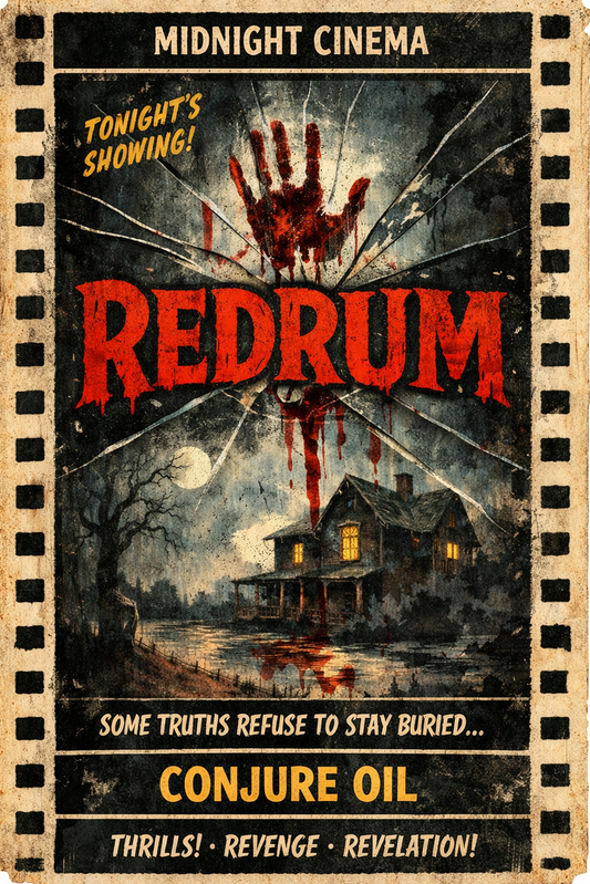 Horror movie poster with 'Redrum' title and suspenseful text on a dark background.