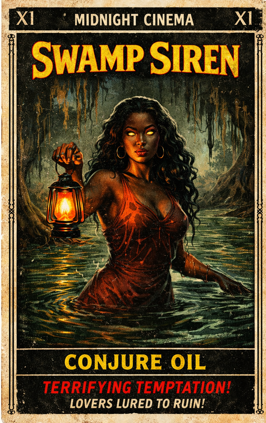 Vintage-style poster for 'Swamp Siren' with a woman holding a lantern in water.