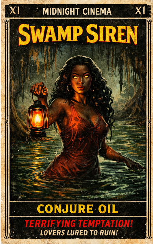 Vintage-style poster for 'Swamp Siren' with a woman holding a lantern in water.