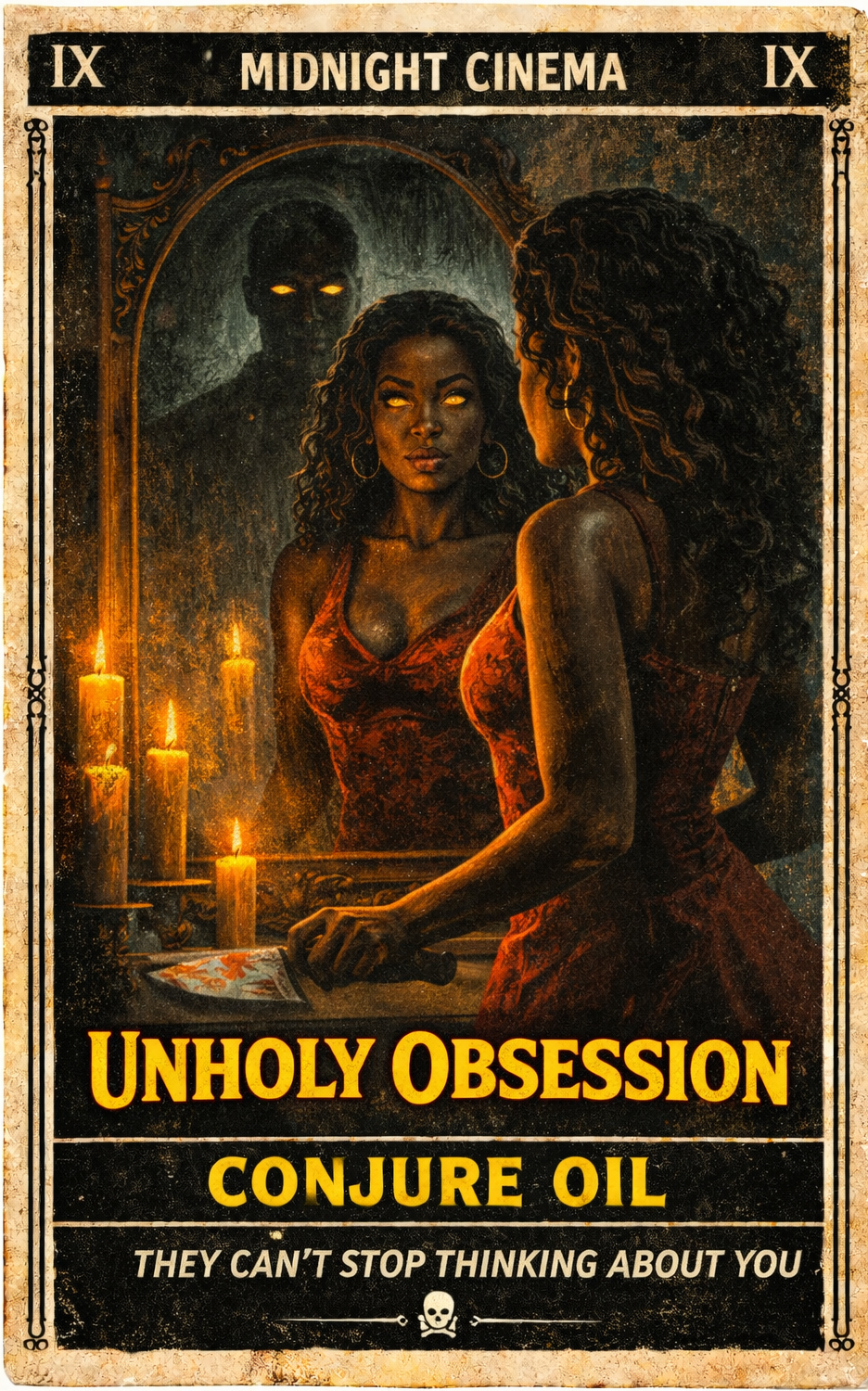 Vintage-style movie poster for 'Unholy Obsession: Conjure Oil' with a woman and a man in a dark setting.